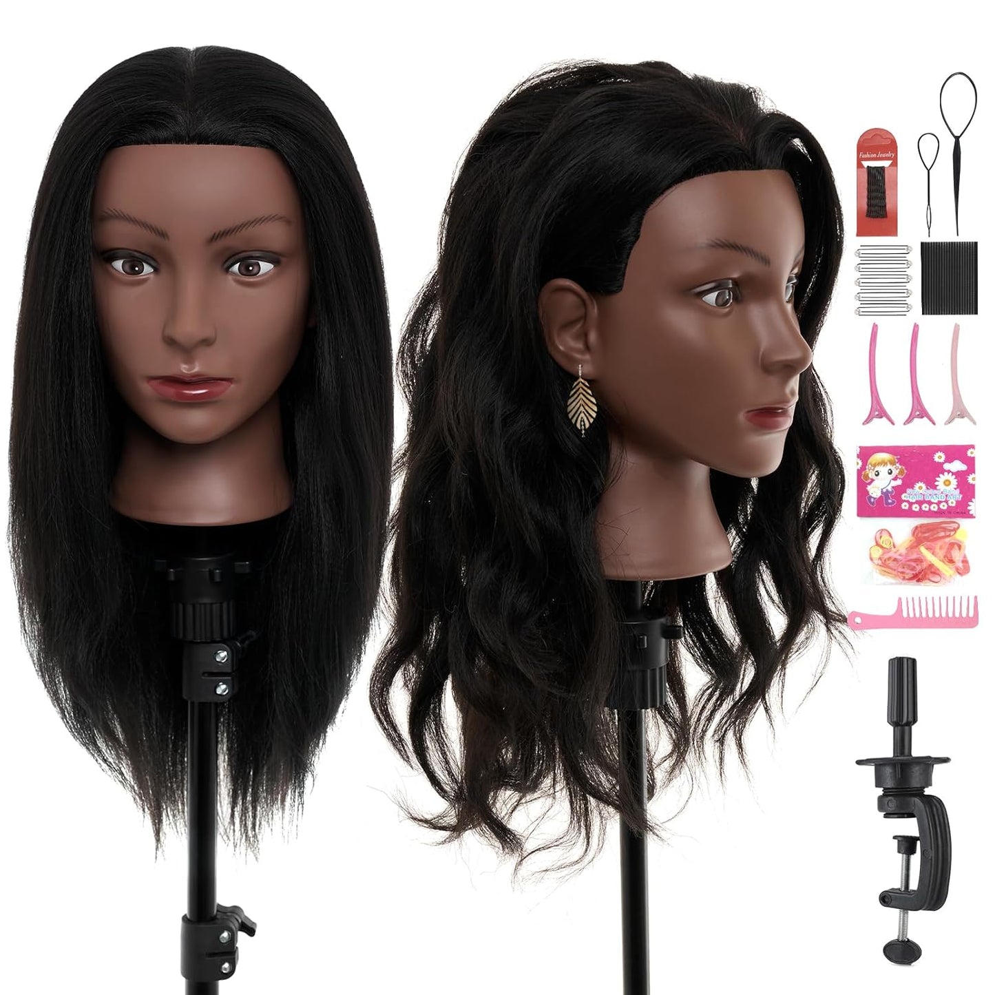 20-22 Inch Mannequin Head Human Hair,Real Human Hair Mannequin Head for Braiding,Cosmetology Manikin Doll Head for Styling with Table Clamp Hair Braiding Set(Brown)