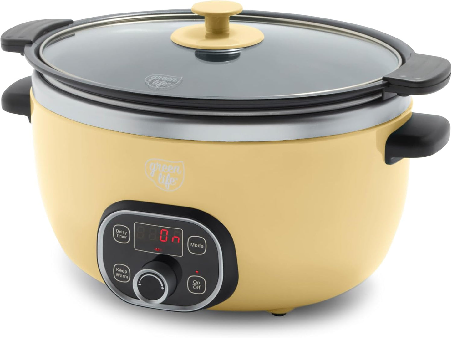 GreenLife 6QT Slow Cooker, Non-Toxic Ceramic Nonstick Removable Interior Bowl, Programmable, Family Friendly, Keep Warm, Stovetop & Oven Safe, Dishwasher Safe Parts, Timer, Glass Lid, Butter Yellow