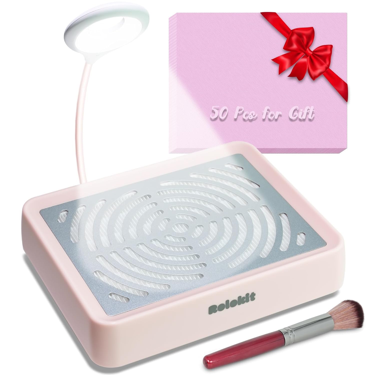 Rolokit Nail Dust Collector with Lamp & 50pcs Disposable Filter & Dusting Brush, Electric Nail Vacuum Cleaner Dust Fan Suction Machine for Manicure Acrylic Gel Nails Polishing, Low Noise, Salon Home