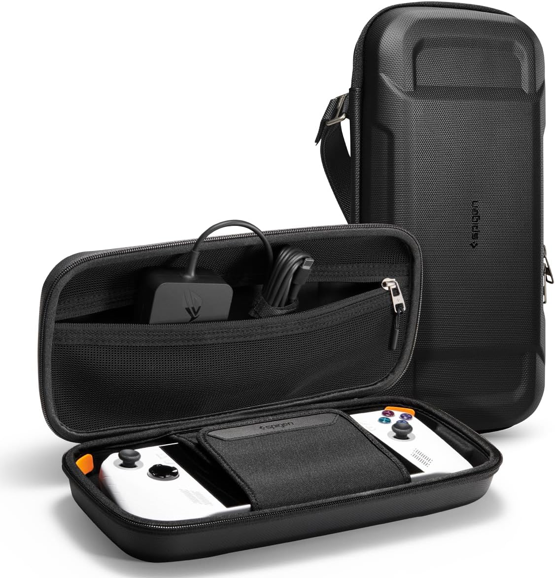 Spigen Rugged Armor Pro Designed for ASUS ROG Ally RC71L Case/ROG Ally X RC72LA Case/MSI Claw A1M / MSI Claw 7 Hard Shell Carrying Case with Pockets for Accessories Original Charger Storage Bag