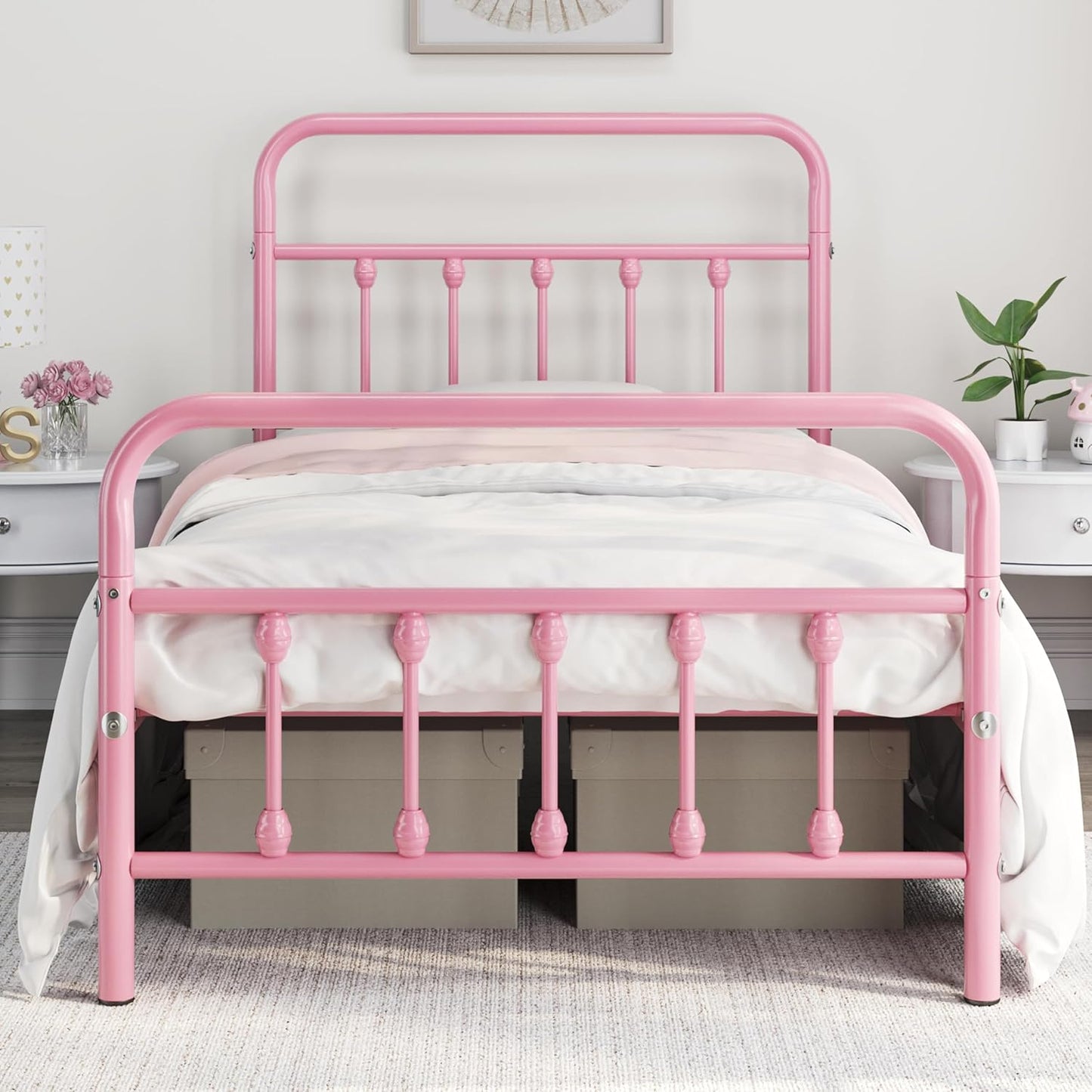 Yaheetech Classic Metal Platform Bed Frame Mattress Foundation with Victorian Style Iron-Art Headboard\/Footboard\/Under Bed Storage\/No Box Spring Needed\/Twin Size Pink