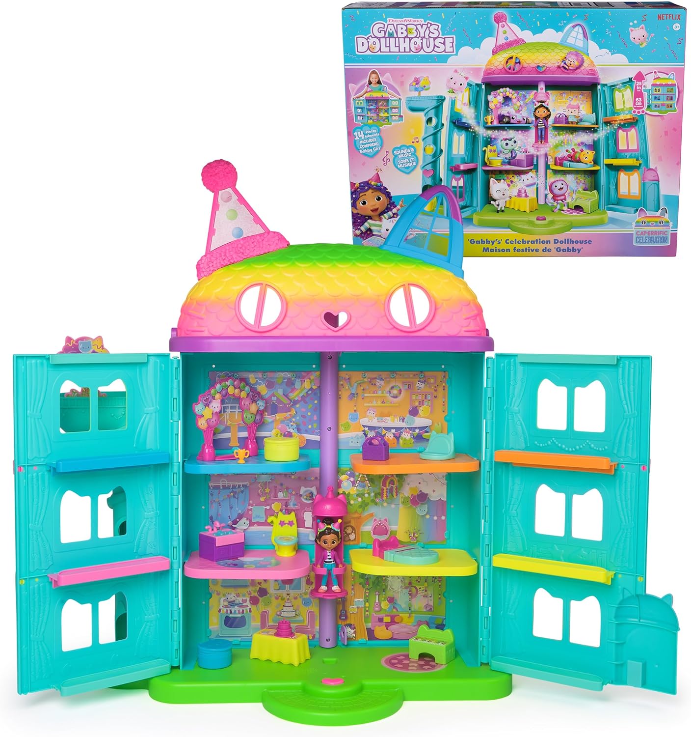 Gabby's Dollhouse, 14 Pc Celebration Dollhouse, 25-Inches Tall, with Toy Figures, Doll House Furniture & 10 Sounds, Kids Toys for Girls & Boys Ages 3+